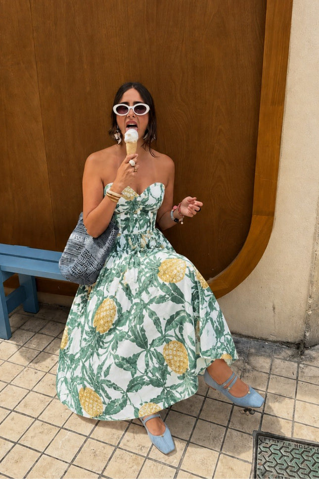 Pineapple Print Strapless Midi Dress