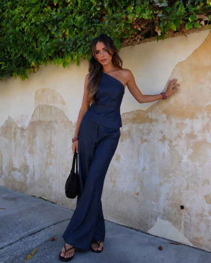 Zara Denim Set pants with One Shoulder Top