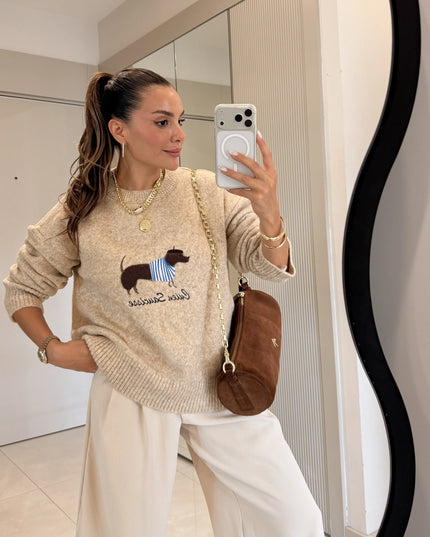 Dogge Beige Dog-Print Sweater