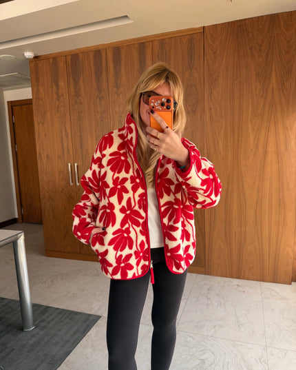Presy Red Floral Teddy Zip Sweat