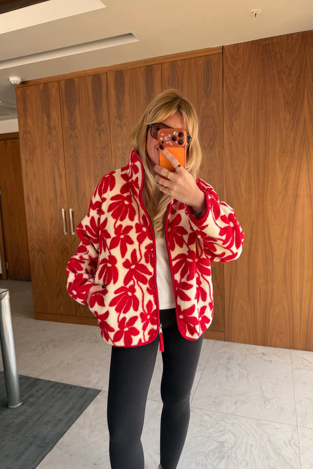 Presy Red Floral Teddy Zip Sweat