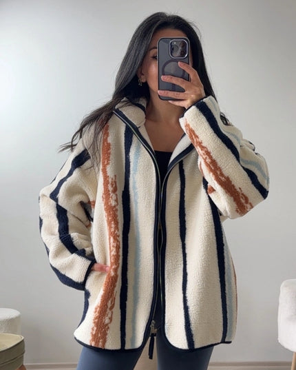 Presy Ecru Vertical-Stripe Zip Polar Jacket