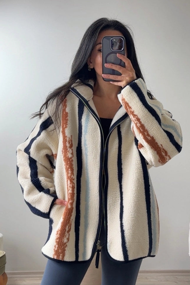 Presy Ecru Vertical-Stripe Zip Polar Jacket