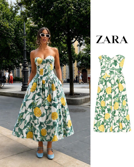 Pineapple Print Strapless Midi Dress