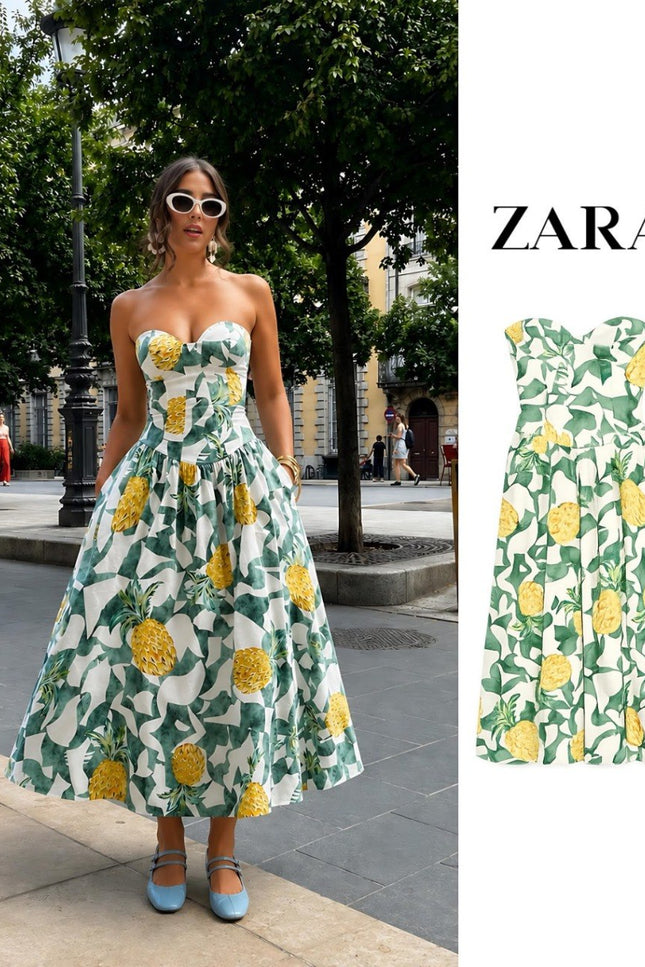 Pineapple Print Strapless Midi Dress
