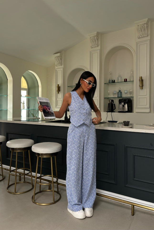 Embroidered Pattern Vest Trousers Linen Suit