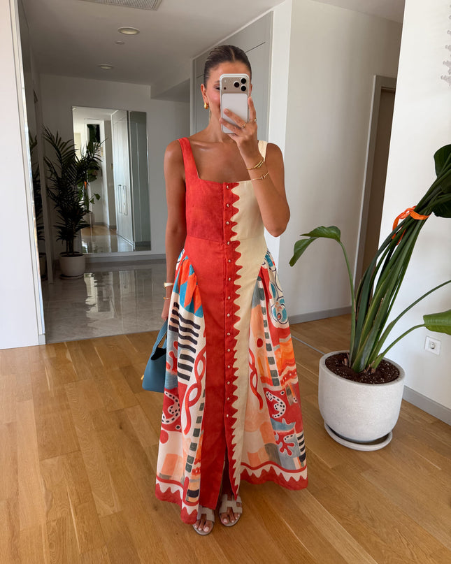 Multicolor Patterned Linen Dress