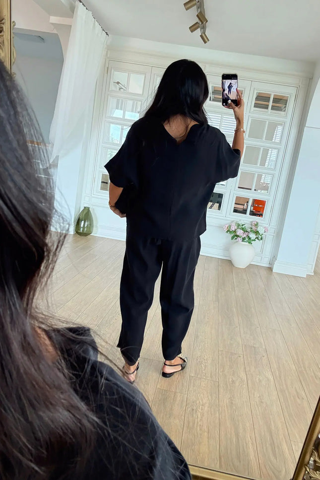 Lemon Short Sleeve Blouse Elastic Waist Pants Set