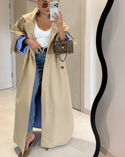 Hanger Camel Striped Lined Oversize Long Trench Coat