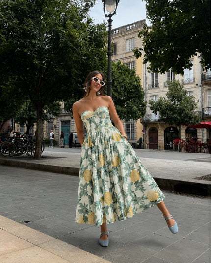 Pineapple Print Strapless Midi Dress