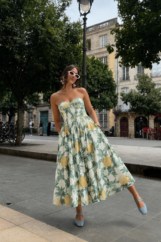 Pineapple Print Strapless Midi Dress