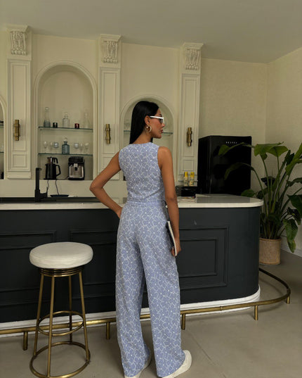 Embroidered Pattern Vest Trousers Linen Suit