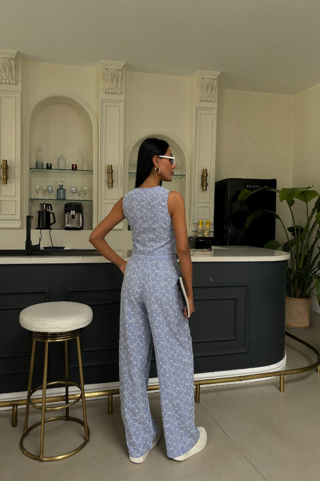 Embroidered Pattern Vest Trousers Linen Suit