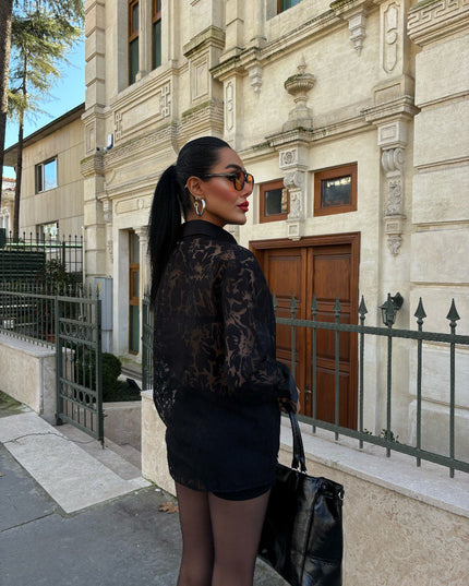 Collar Sleeve Satin Laser Motif Viscose Shirt