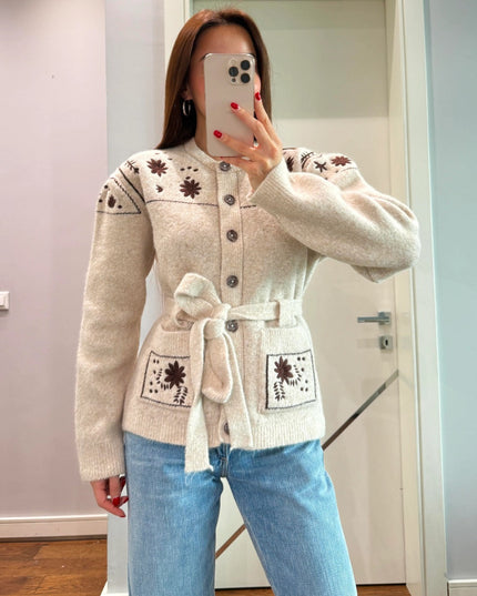 Premium Floral Embroidered Knit Jacket with Belt - Beige