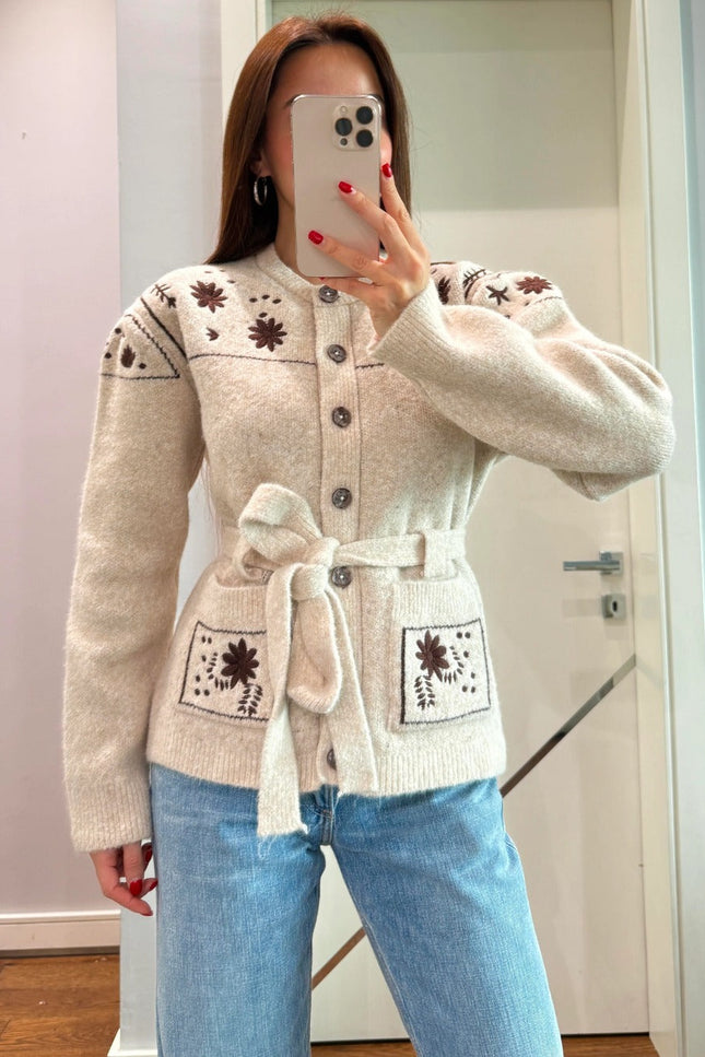 Premium Floral Embroidered Knit Jacket with Belt - Beige