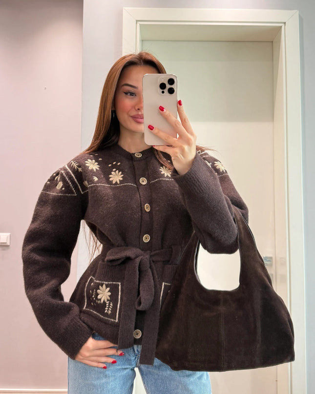 Premium Floral Embroidered Knit Jacket with Belt - Brown