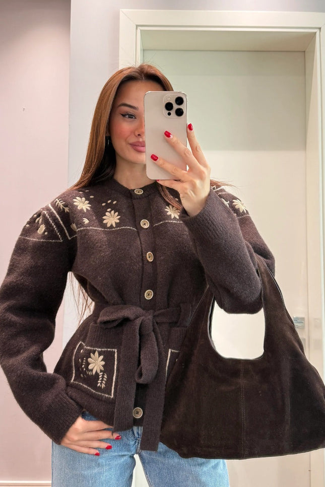 Premium Floral Embroidered Knit Jacket with Belt - Brown