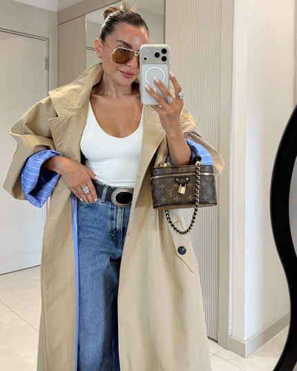Hanger Camel Striped Lined Oversize Long Trench Coat
