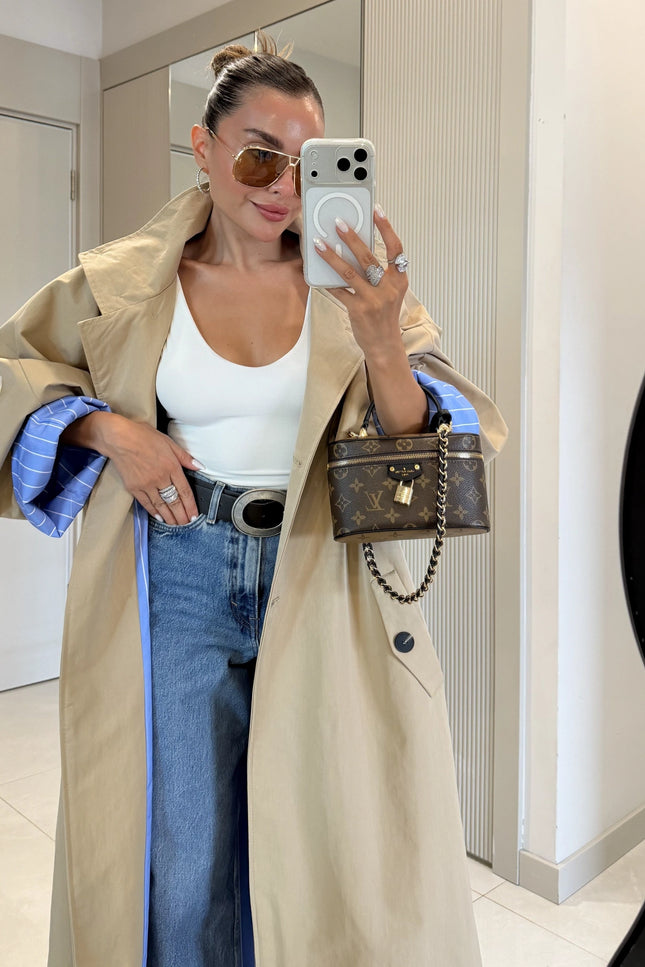 Hanger Striped Lined Oversize Long Trench Coat
