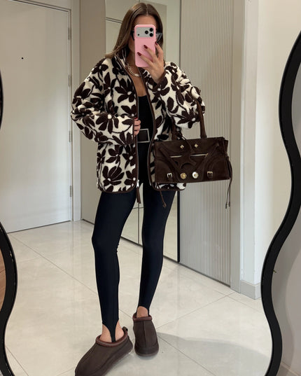 Presy Brown-Ecru Floral Teddy Zip Sweat