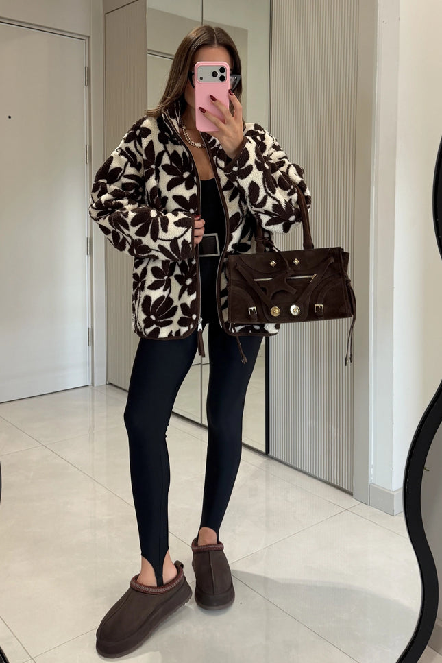 Presy Brown-Ecru Floral Teddy Zip Sweat