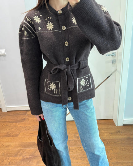 Premium Floral Embroidered Knit Jacket with Belt - Brown