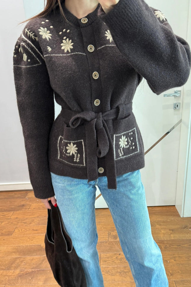 Premium Floral Embroidered Knit Jacket with Belt - Brown