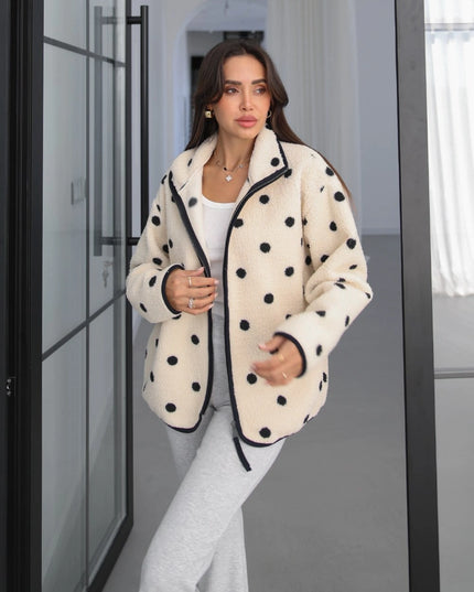 Presy Ecru Polka-Dot Teddy Zip Sweat