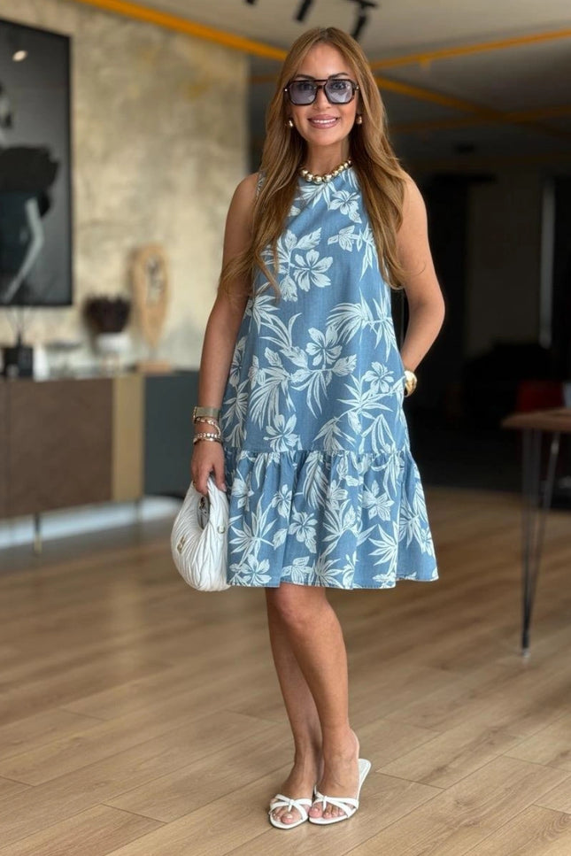 Denim Tencel Blue Patterned Sleeveless Dress