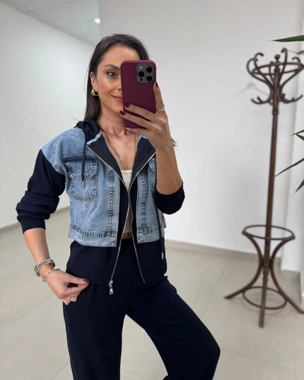 Dona Denim-Detail Hooded Sweat Set