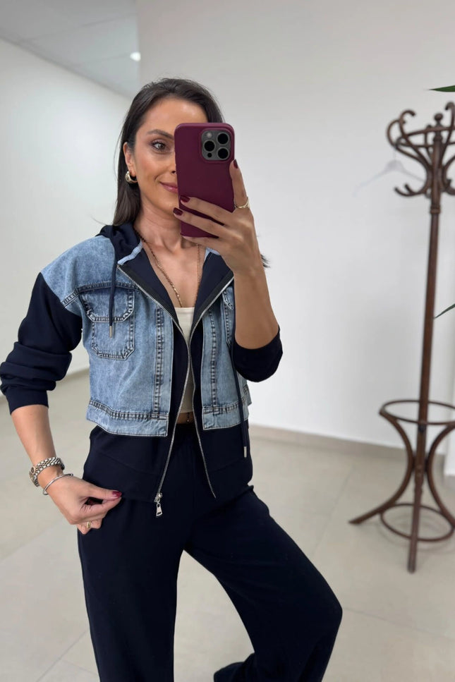 Dona Denim-Detail Hooded Sweat Set