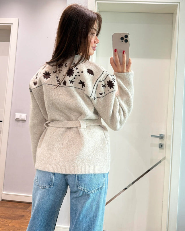 Premium Floral Embroidered Knit Jacket with Belt - Beige