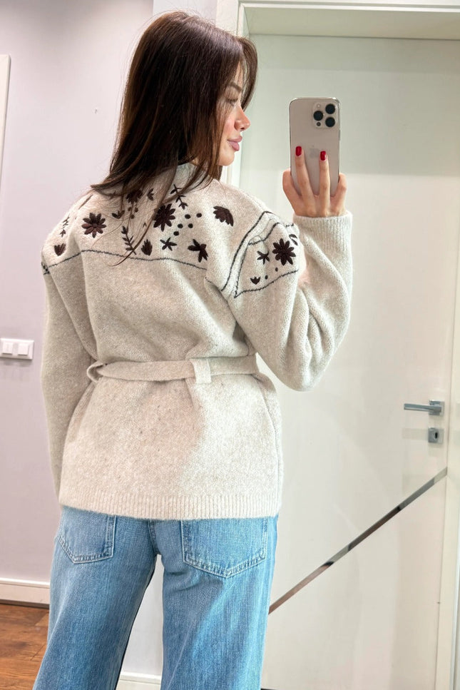 Premium Floral Embroidered Knit Jacket with Belt - Beige