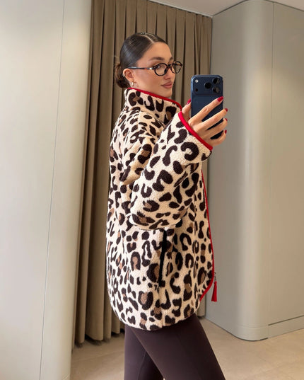 Premium Leopard-Print Zip Polar - Beige-Red