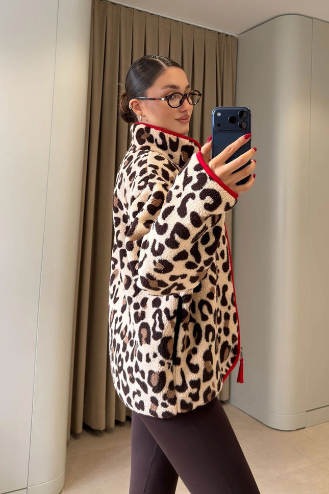 Premium Leopard-Print Zip Polar - Beige-Red