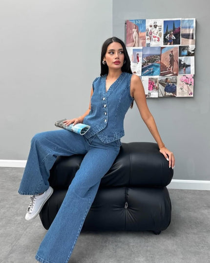 Denim Set Pant With Button Vest