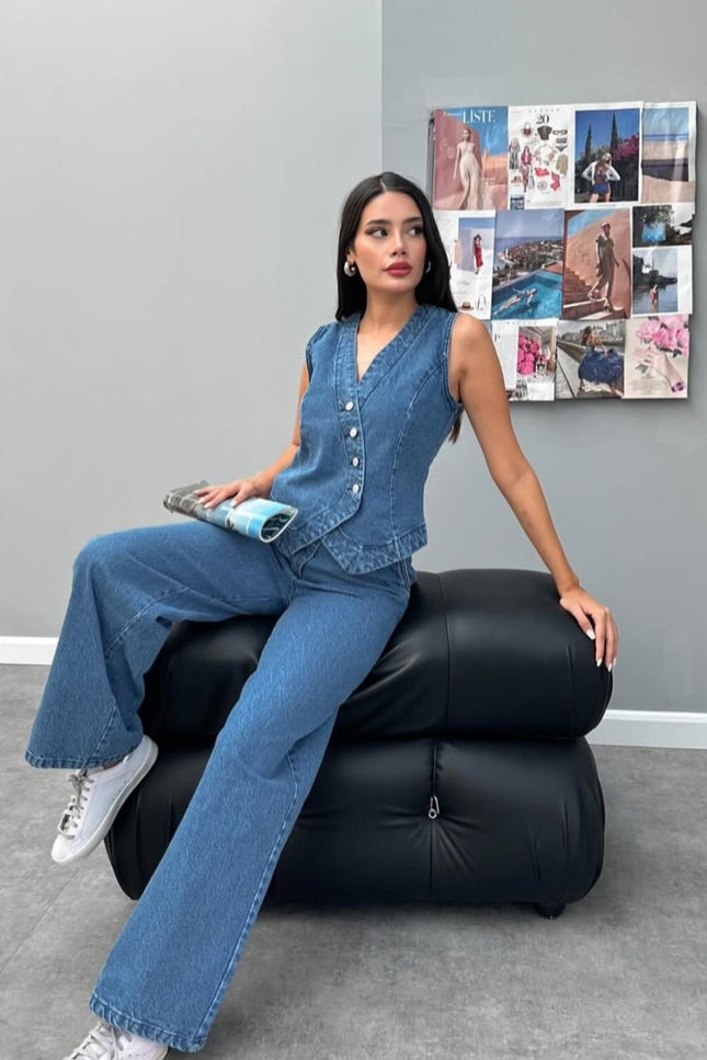Denim Set Pant With Button Vest