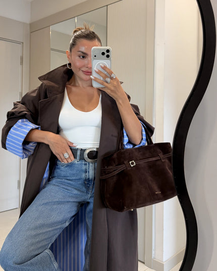 Hanger Brown Striped Lined Oversize Long Trench Coat