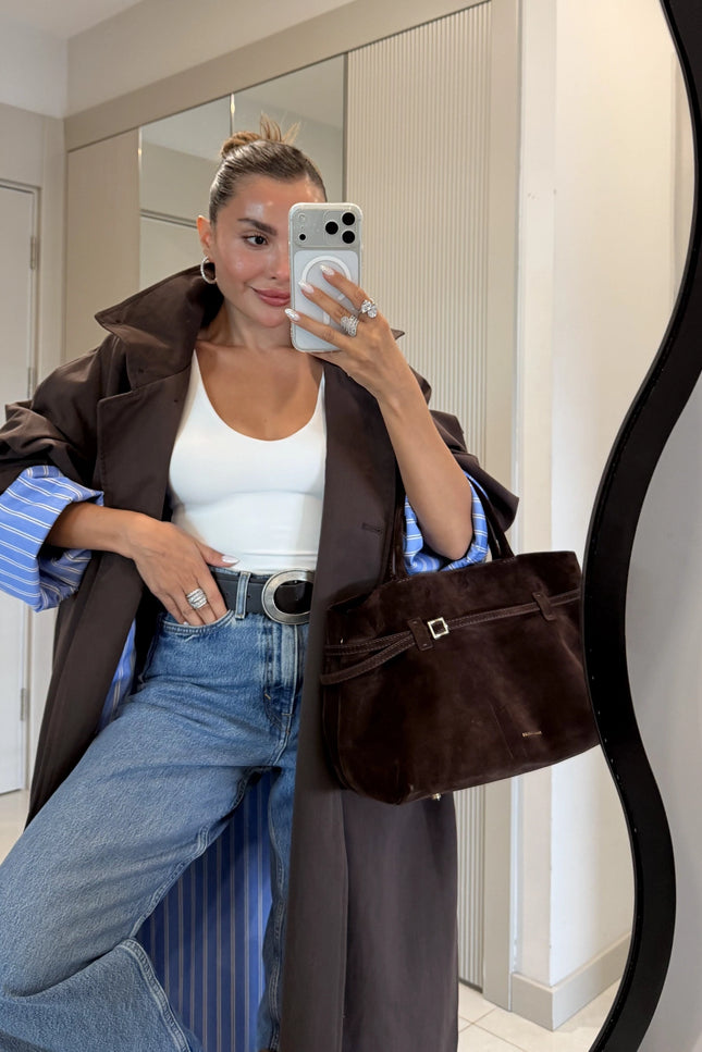 Hanger Brown Striped Lined Oversize Long Trench Coat