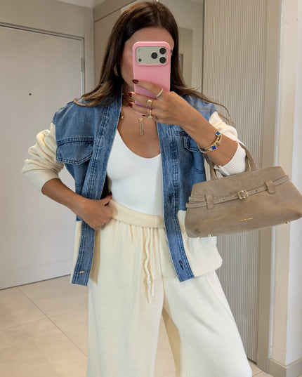 Brody Ecru Denim-Trim Knit Set