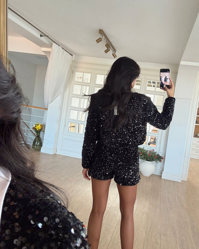 Charlie Sequin Detailed Padded Tie Jacket with short -Black