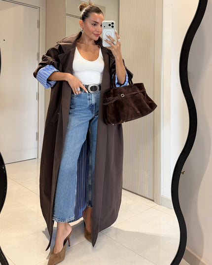 Hanger Brown Striped Lined Oversize Long Trench Coat