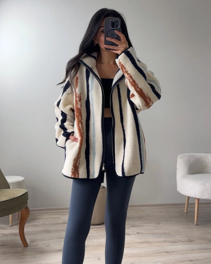 Presy Ecru Vertical-Stripe Zip Polar Jacket