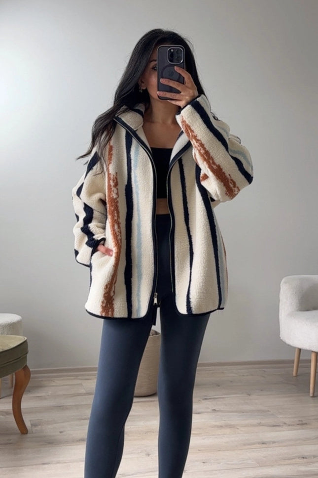 Presy Ecru Vertical-Stripe Zip Polar Jacket