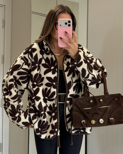 Presy Brown-Ecru Floral Teddy Zip Sweat