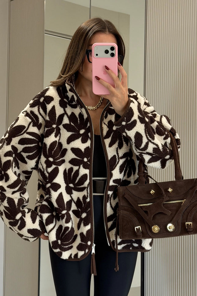 Presy Brown-Ecru Floral Teddy Zip Sweat