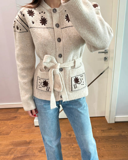Premium Floral Embroidered Knit Jacket with Belt - Beige