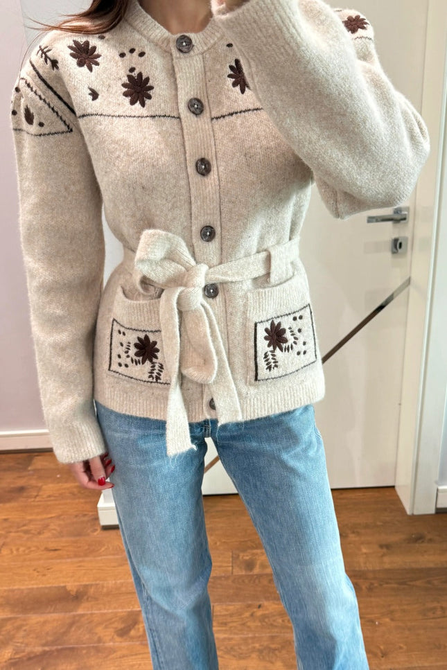Premium Floral Embroidered Knit Jacket with Belt - Beige