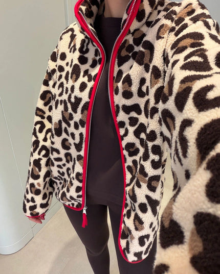 Premium Leopard-Print Zip Polar - Beige-Red